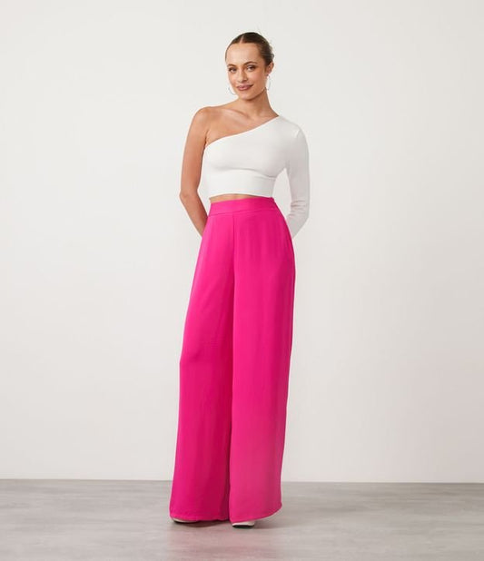 Calça Palazzo de cintura alta em crepe rosa