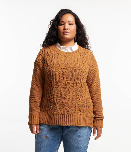 Maglione in ciniglia con maglia a cavi strutturati, taglie forti e taglie forti, marrone caramello
