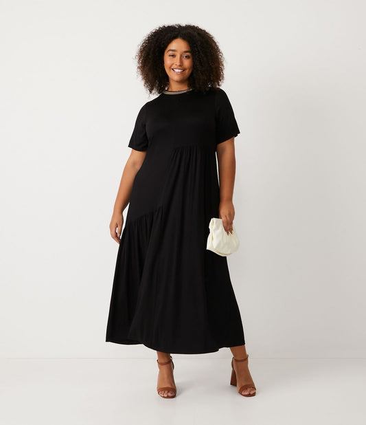 Vestito midi in maglia crepe con colletto in maglia e orlo increspato, Curve e taglie forti, nero