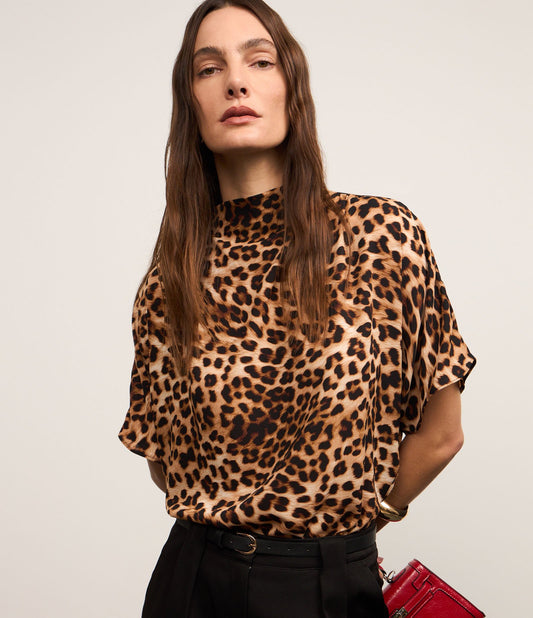 High Neck Brown Leopard Print Crepe Blouse