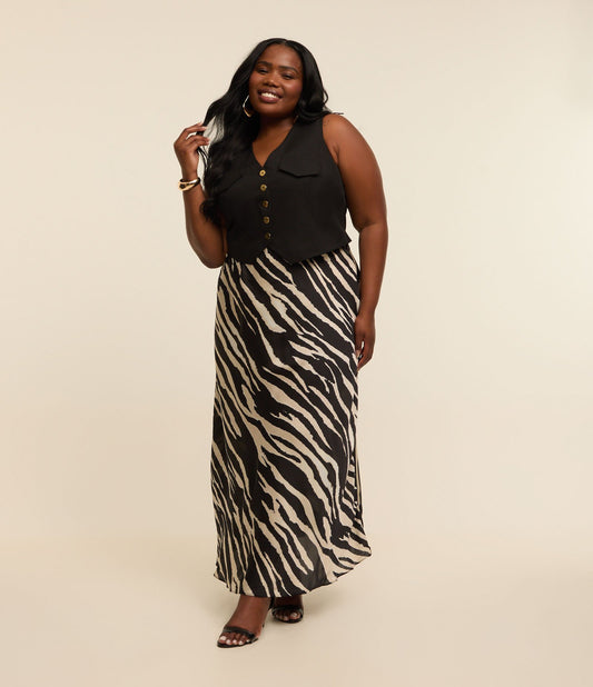Gonna lunga in raso con stampa animalier Curve & Plus Size Nero