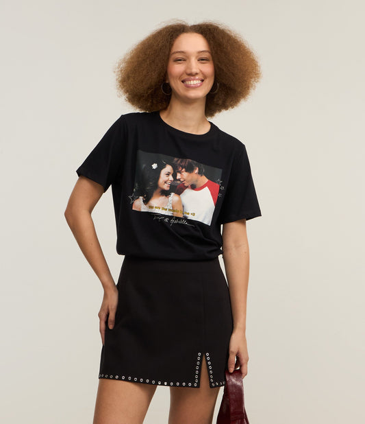 Extended Cotton T-Shirt with Troy and Gabriela Print in Black