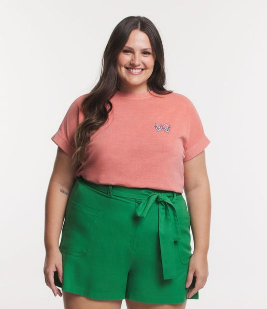 Top de malha de meia manga Coral com bordado de borboleta - Curve e Plus Size