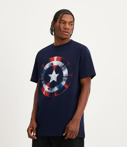 Camiseta azul escura de ajuste regular com estampa do escudo do Capitão América