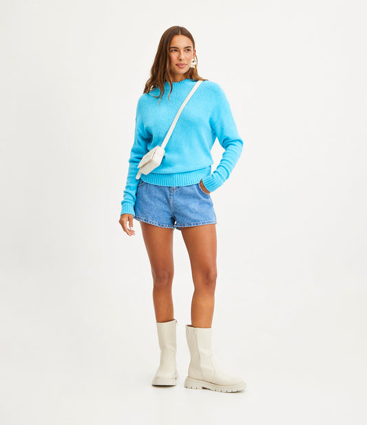 Jeans corti da mamma con elastico in vita e cintura di corda blu