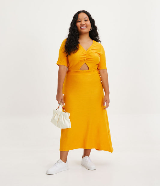 Yellow Midi Dress with Waist Tie and Cut-Out Detail - Curve & Plus Size