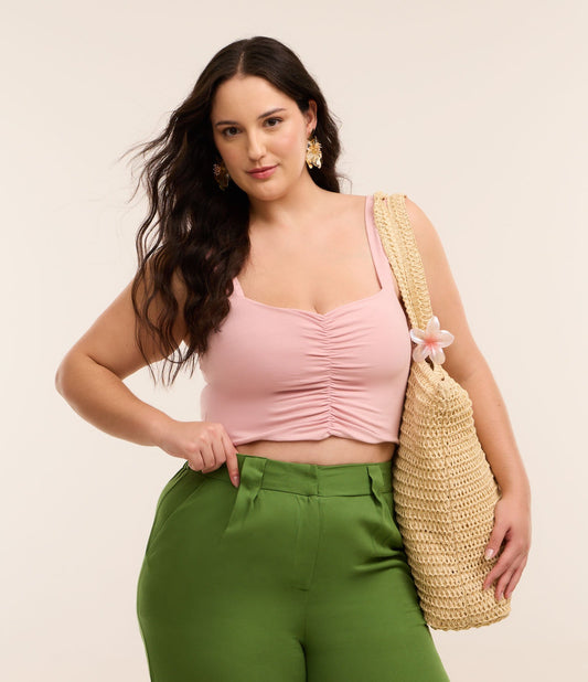 Blusa Cropped de Algodão Rosa com Franzido Frontal - Tamanhos Plus e Curvy