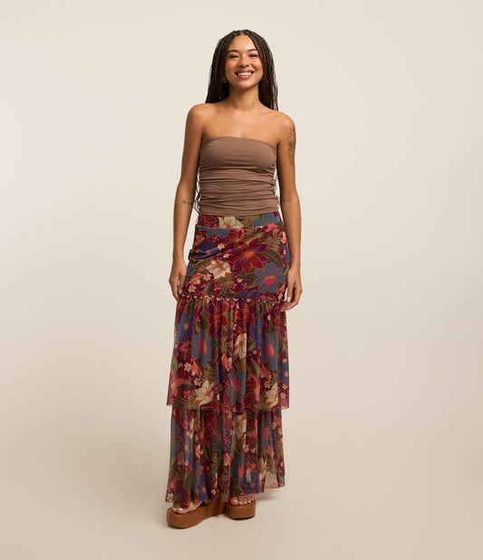 Saia midi de tule com babados e estampa floral vermelha