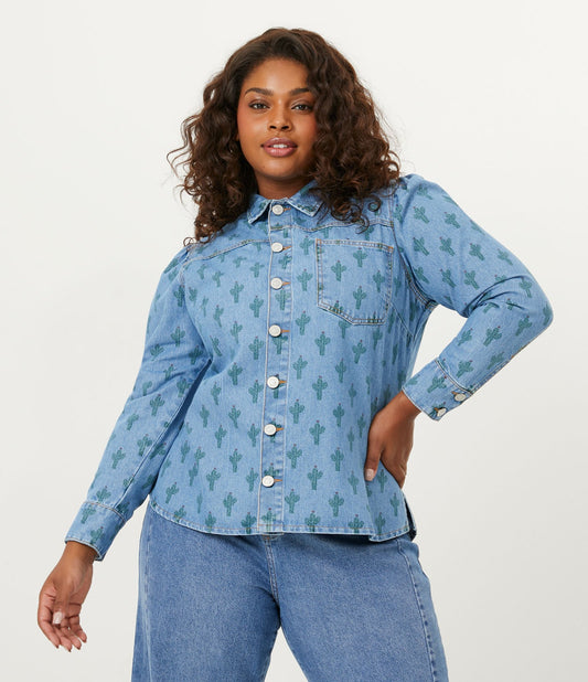 Jaqueta jeans azul com estampa de cactos, Curve & Plus Size