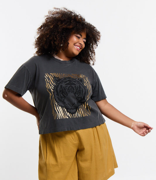 Blusa de algodão lavado com estampa de tigre e papel alumínio, Curve & Plus Size, Washed Gray