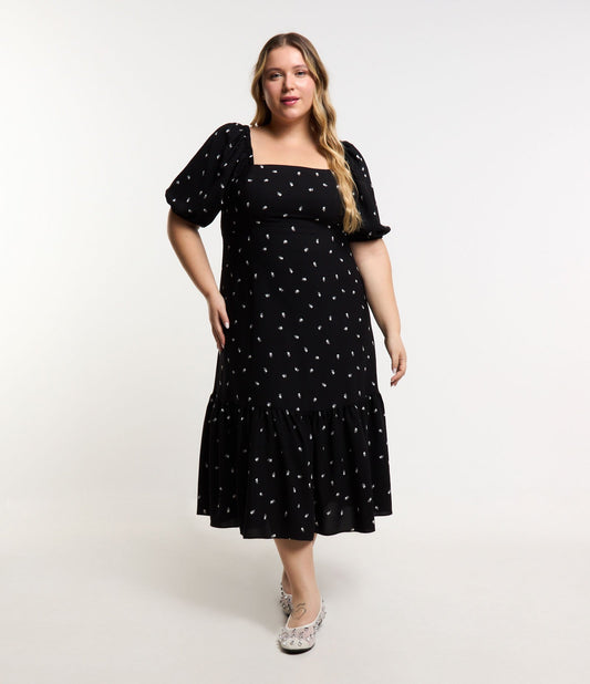 Vestito midi in crepe con stampa a cuore e volant, Curve e taglie forti, nero