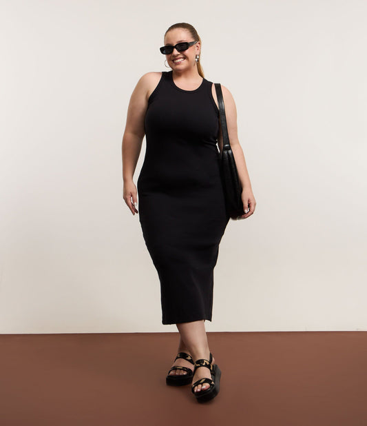 Vestido midi negro de canalé con escote redondo - Tallas grandes y curvas
