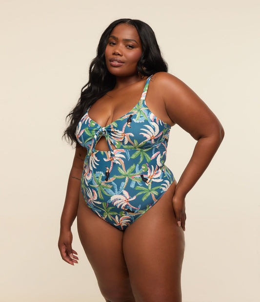 Costume da bagno con stampa tropicale e dettaglio nodo sullo scollo, taglie forti e taglie forti, blu