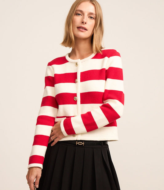 Cardigan in maglia a righe con bottoni e tasche in rosso