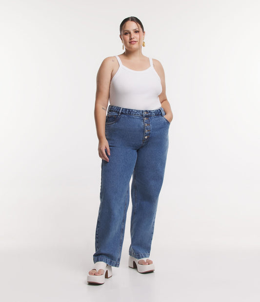 Jeans anni '90 a gamba dritta con chiusura frontale a bottoni, Curve e taglie forti, blu