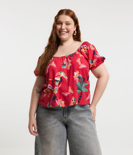Blusa estampada de linho viscose com mangas bufantes, Curve & Plus Size, vermelha