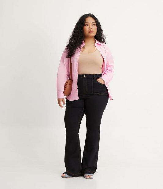 Pantalones de campana negros de sarga con costuras en contraste - Tallas grandes y curvas