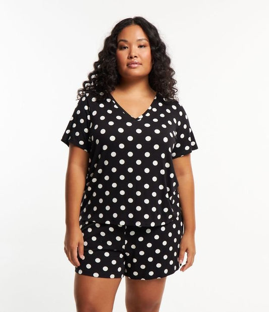 Pijama corto de viscosa con estampado de lunares, Curvas y tallas grandes, Negro/Blanco