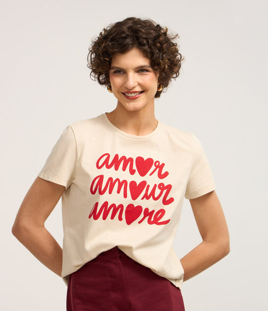 Cotton Blouse with "Amour" Print in Off-White