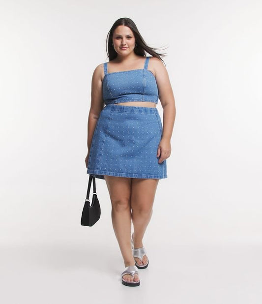 Falda vaquera corta con detalles de tachuelas, Curvas y tallas grandes, Azul