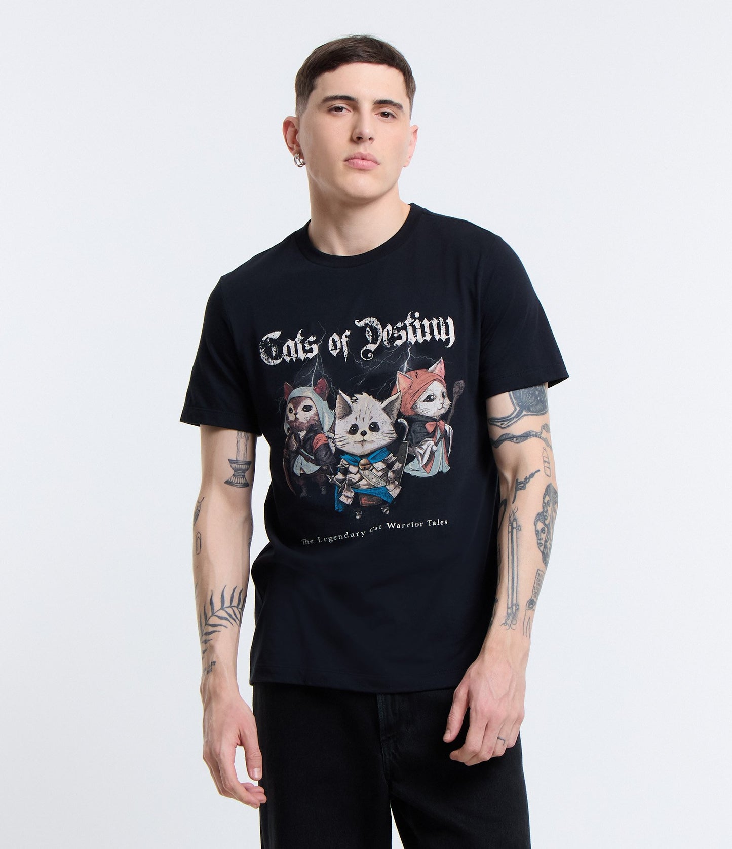Regular Fit Cotton T-Shirt with "Cats of Destiny" Print in Black