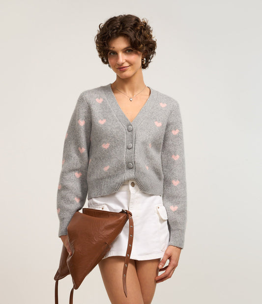Short Knit Cardigan with Metallic Thread and Gray Hearts