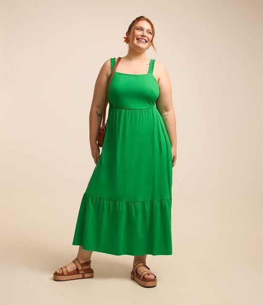 Vestito midi verde in cotone con volant - Curve e taglie forti