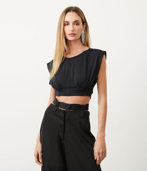 Top cropped in jersey con maniche corte e dettaglio corsetto nero