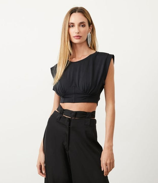 Top cropped in jersey con maniche corte e dettaglio corsetto nero