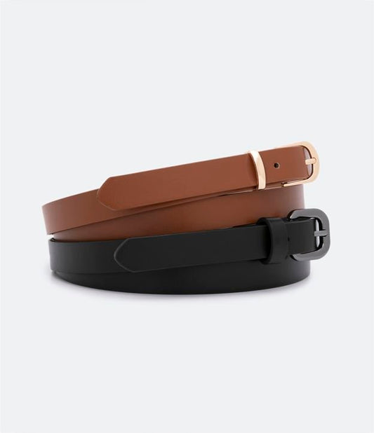 Set di 2 cinture in materiale sintetico con fibbie distinte, Curve e taglie forti, nero/marrone