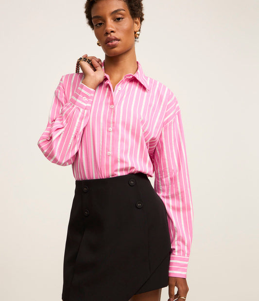 Shirt in Yarn-Dyed Striped Tricoline with Pink Metallic Thread