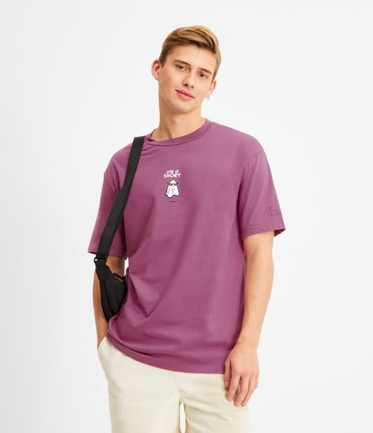 Camiseta relaxed fit de punto jersey con estampado fantasma y letras moradas