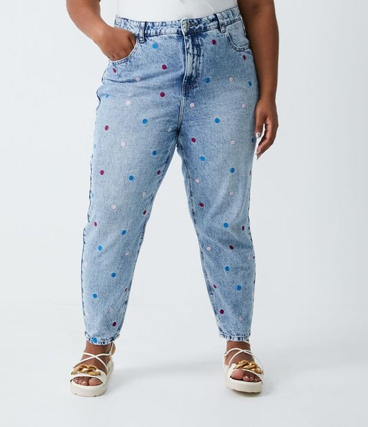 Curve & Plus Size Blue Mom Jeans com mini bolinhas bordadas