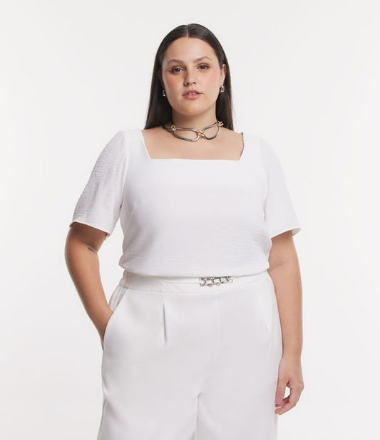 Camicetta in crêpe con scollo quadrato e dettaglio spalla elastico, Curve e taglie forti, bianco