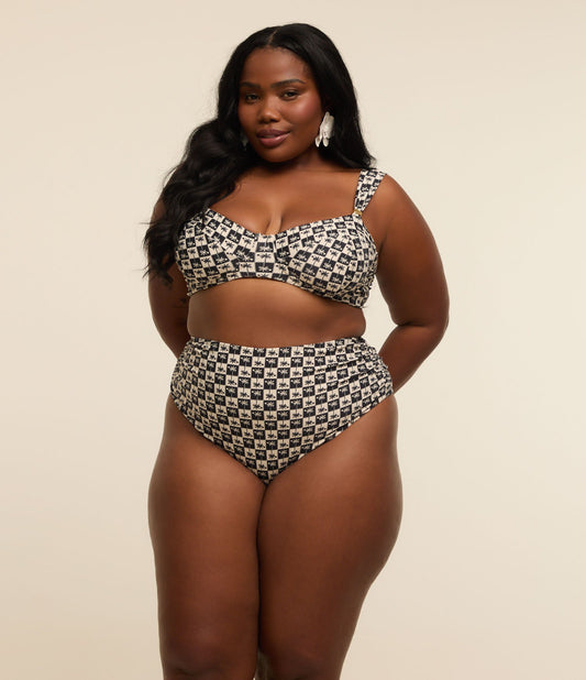 Fondo bikini a vita alta con stampa di palme Curve e taglie forti Nero/Bianco