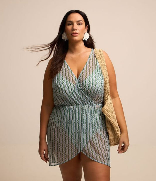 Vestito copricostume da spiaggia in tulle stampato verde - Curve e taglie forti