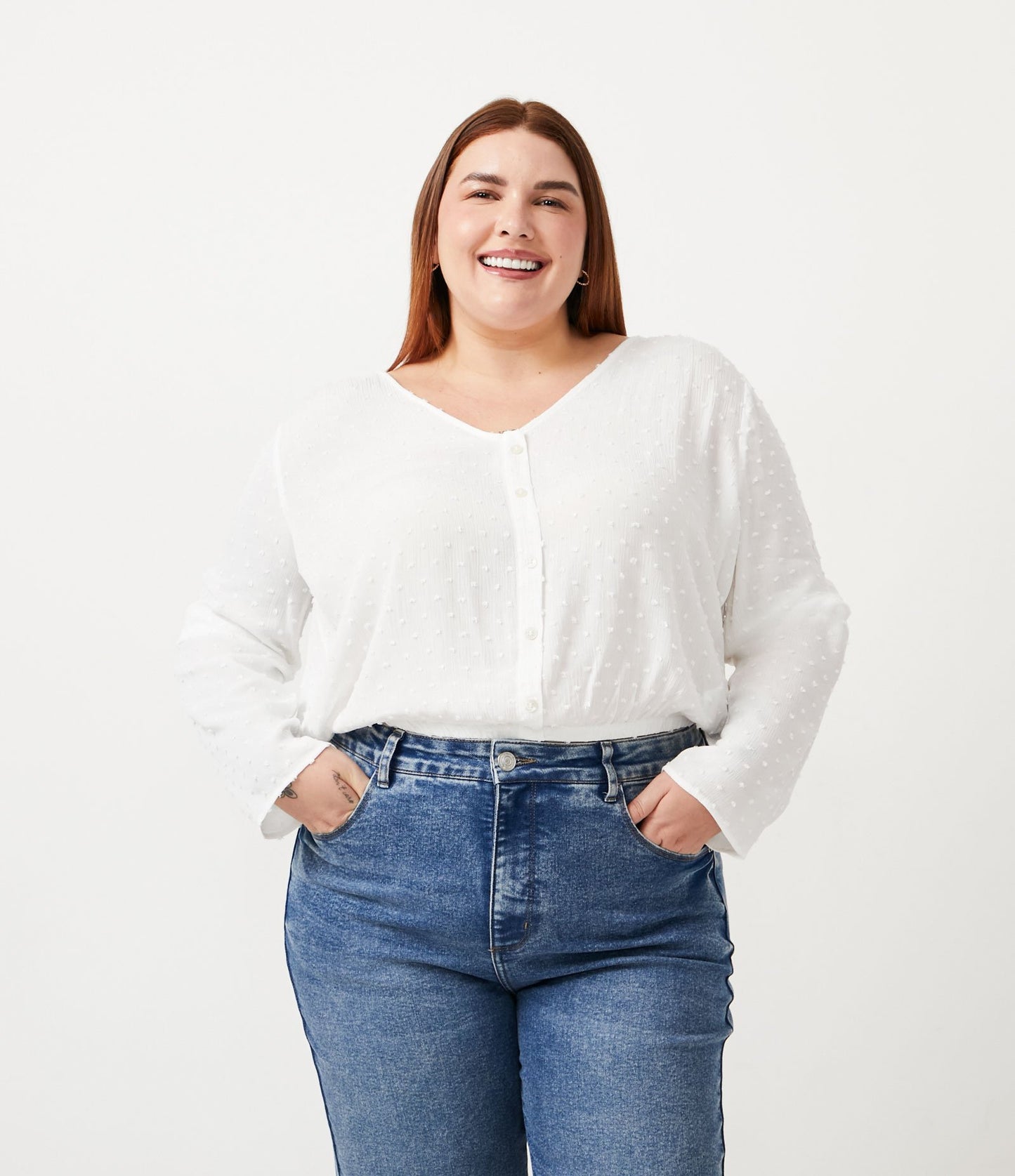 Blusa de viscose de manga longa com bainha elástica, Curve & Plus Size, branco