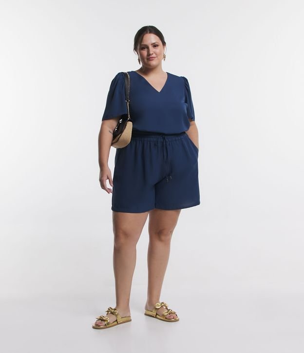 Pantalones cortos de crepé con lazo y bolsillos, Curvas y tallas grandes, Azul