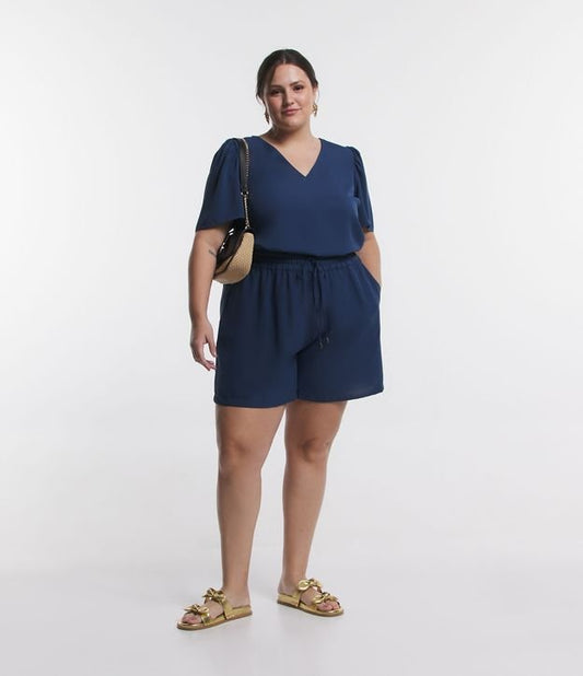 Pantalones cortos de crepé con lazo y bolsillos, Curvas y tallas grandes, Azul