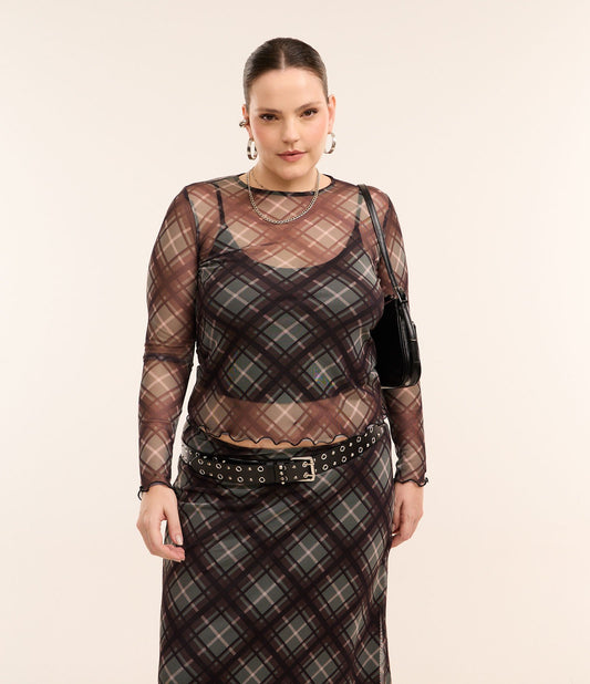 Blusa de Tule com Estampa Xadrez, Tamanhos Curve & Plus, Preto/Verde