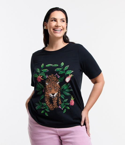 Blusa de algodão com estampa de leopardo, Curve & Plus Size, preta