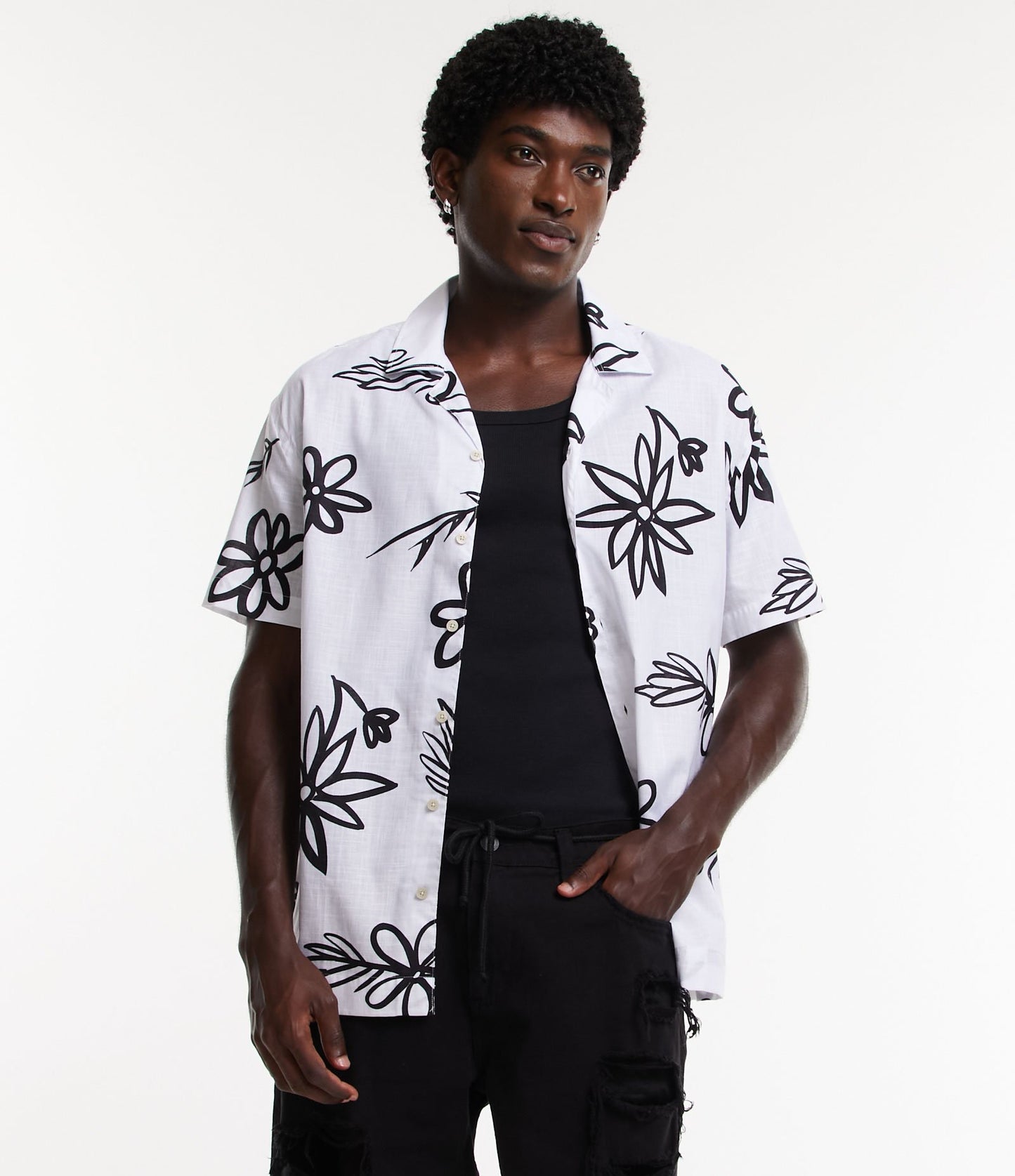 Camisa de linho e viscose de ajuste descontraído com estampa floral off-white