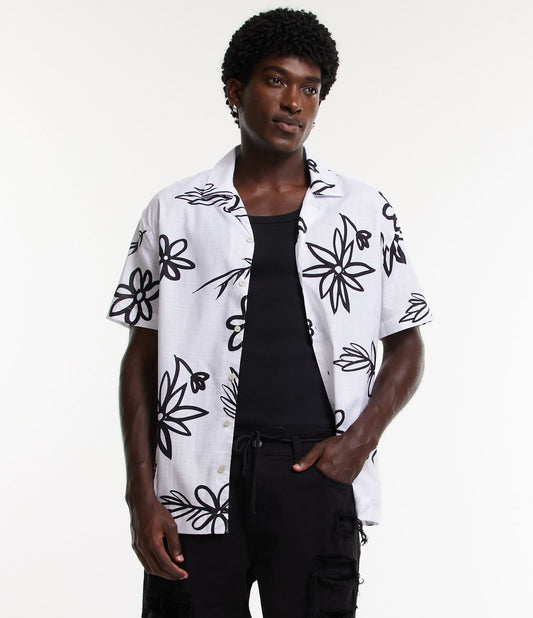 Camisa de linho e viscose de ajuste descontraído com estampa floral off-white