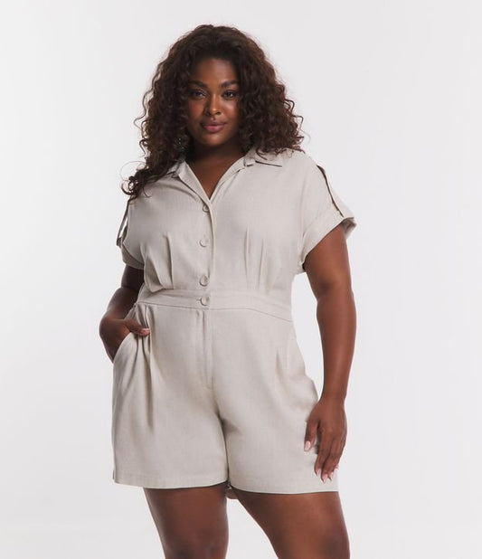 Romper de Lino con Botones, Curvas y Tallas Grandes, Beige Grisáceo