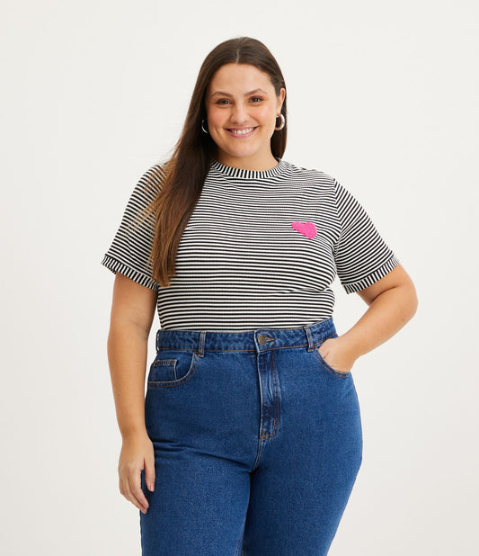 Camicetta in viscosa a righe con ricamo a cuore in ciniglia, Curve & Plus Size, Bianco/Nero