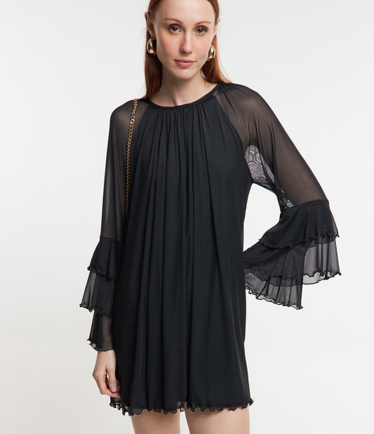 Vestito corto in tulle nero con ruche e volant