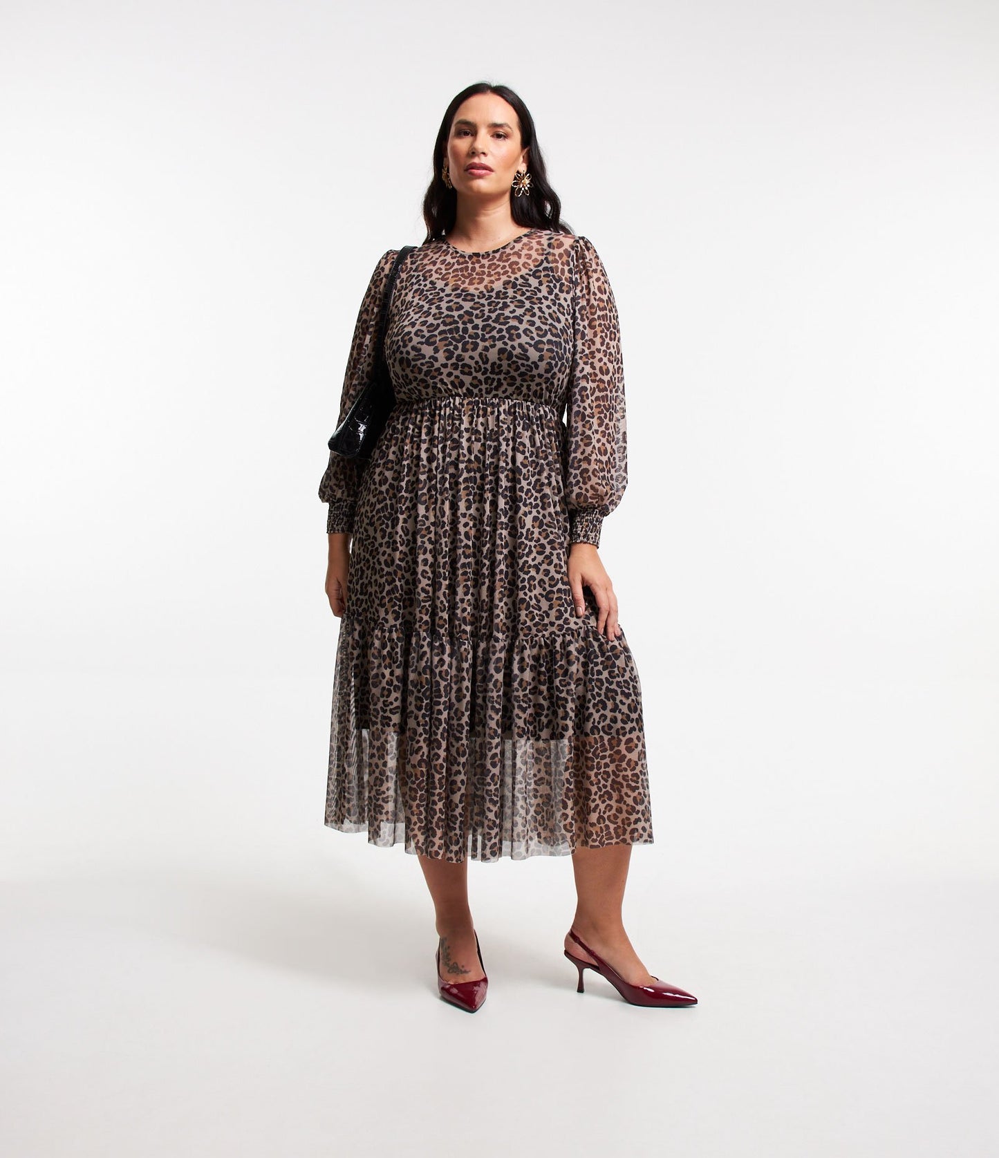 Vestido midi de tul con estampado animal, Curvas y tallas grandes, Marrón