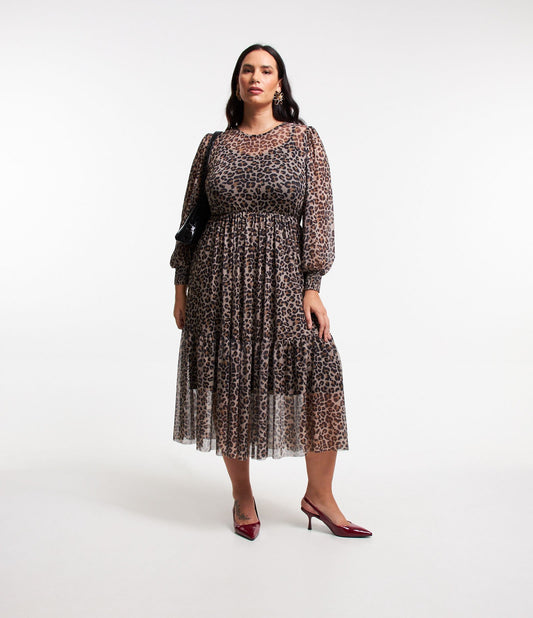 Vestido midi de tul con estampado animal, Curvas y tallas grandes, Marrón