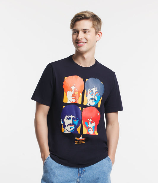 Camiseta Comfort azul-escura em meia malha com estampa de rostos dos Beatles