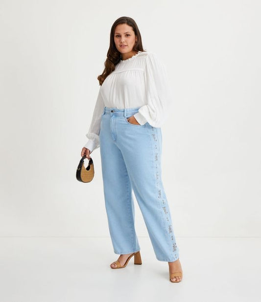 Jeans Delave dal taglio dritto con ricamo laterale, Curve e taglie forti, blu